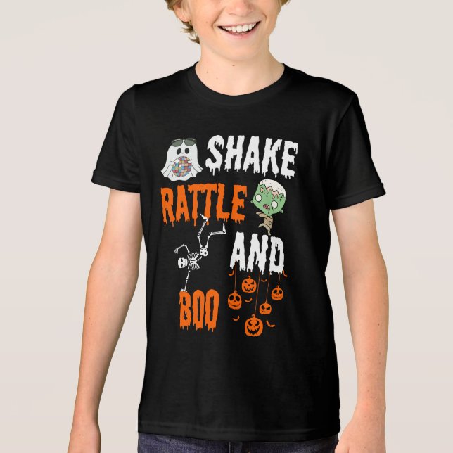 Shake, Rattle, Boo Skeleton Zombie Fun Halloween Tri-Blend Shirt (Vorderseite)