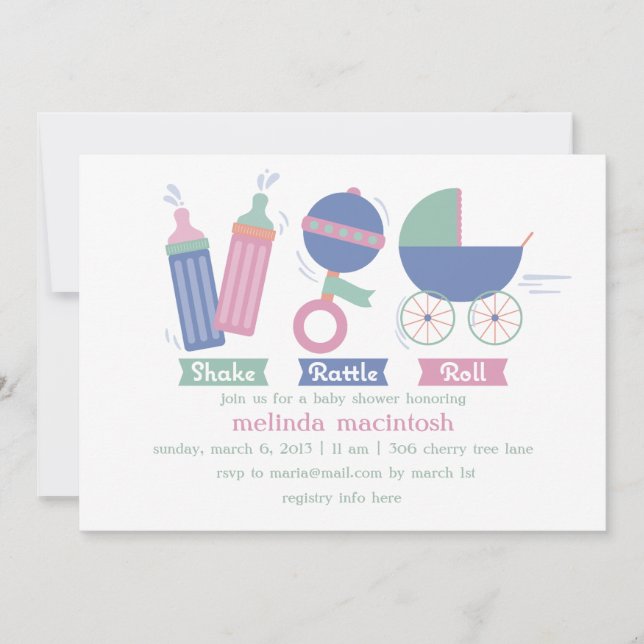 Shake Rattle & Roll Baby Dusche Einladung (Vorderseite)