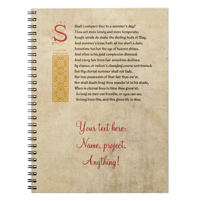 Shakespeare-Sonett 18 (XVIII) auf Pergament Notizblock (Vorderseite)