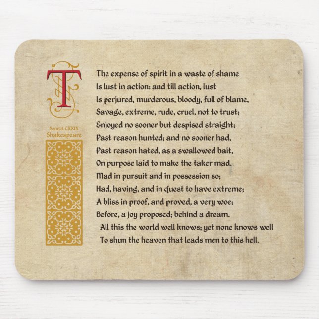 Shakespeare Sonnet 129 (CXXIX) auf Pergament Mousepad (Vorne)