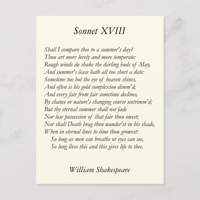 Shakespeare Sonnet # 18 Postkarte (Vorderseite)
