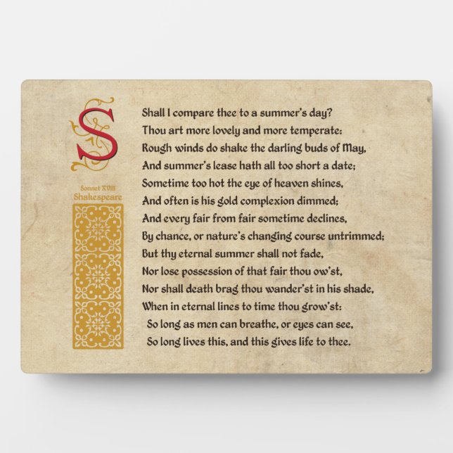 Shakespeare Sonnet 18 (XVIII) auf Pergament Fotoplatte (Vorderseite)