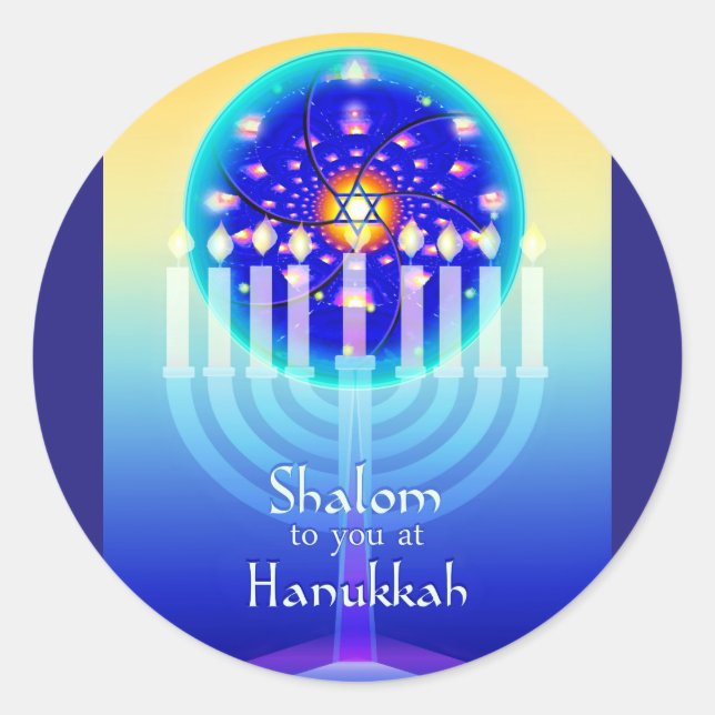 Shalom bei Hanukkah Menorah Lights & Star von Davi Runder Aufkleber (Vorderseite)