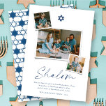 Shalom Blue Star von David 3 Foto Simple Hanukkah Feiertagskarte<br><div class="desc">Diese moderne, minimalistische Hanukkah-Karte enthält den Gruß "Shalom" in einem trendigen Schrift. Ein dunkelmarineblau-blaues Star-Of-David-Symbol sitzt oben in der Mitte mit 3 Instant Foto Collage Layout. Ein kurzer Urlaubswunsch und das Familienname-Abzeichen werden am Ende der Karte platziert. Stern von David Symbol, Begrüßung, Text und Hintergrund können in jede Farbe Ihrer...</div>
