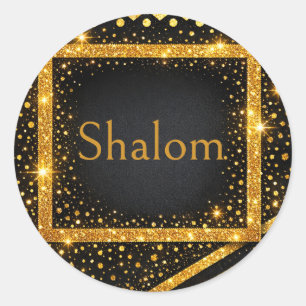 Shalom, Gold Schwarz Punkte, Streifen Glitter Kuns Runder Aufkleber