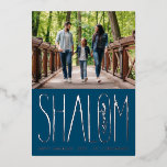 Shalom Hanukkah Holiday Foto Silver Foil Card Folien Feiertagskarte<br><div class="desc">Echte Folie handgeschrieben "Shalom" mit Landschaft Foto oben. Die Farbe Weiß ist individuell einstellbar,  ebenso wie die Rückseite. Wählen Sie Ihre Folienfarbe: Gold,  Silber oder Rose Gold und Backerfarbe. Fügen Sie dem Rücken mehr Fotos hinzu oder schreiben Sie eine Nachricht.</div>