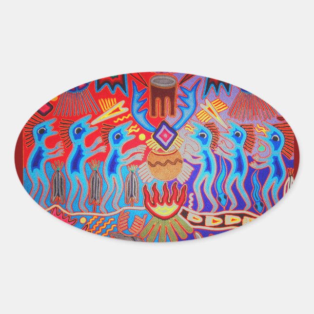 Shaman Ritual Huichol Ovaler Aufkleber (Vorderseite)