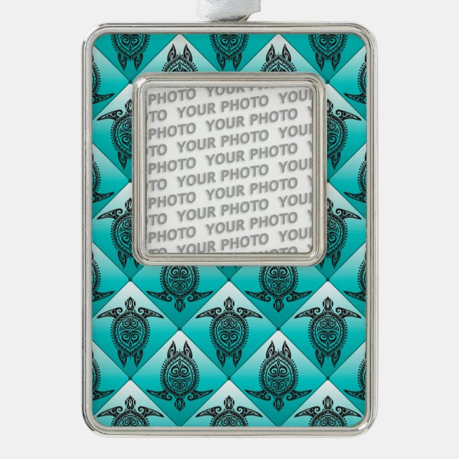 Shamanic Sea Turtles Pattern - cyan Rahmen-Ornament Silber (Vorderseite)