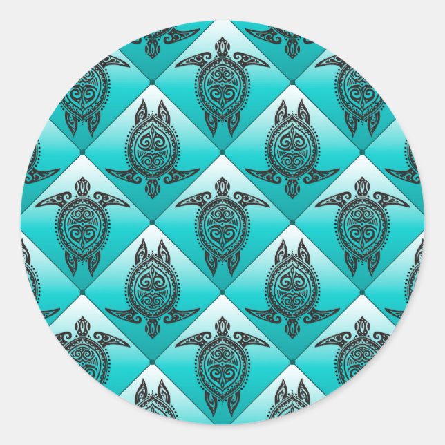 Shamanic Sea Turtles Pattern - cyan Runder Aufkleber (Vorderseite)