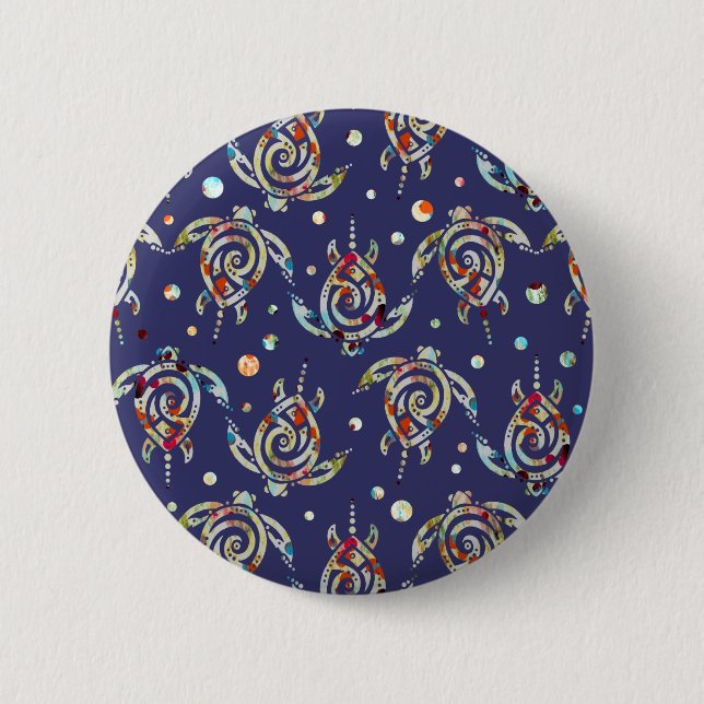 Shamanic Sea Turtles Pattern + your backgr. color Button (Vorderseite)