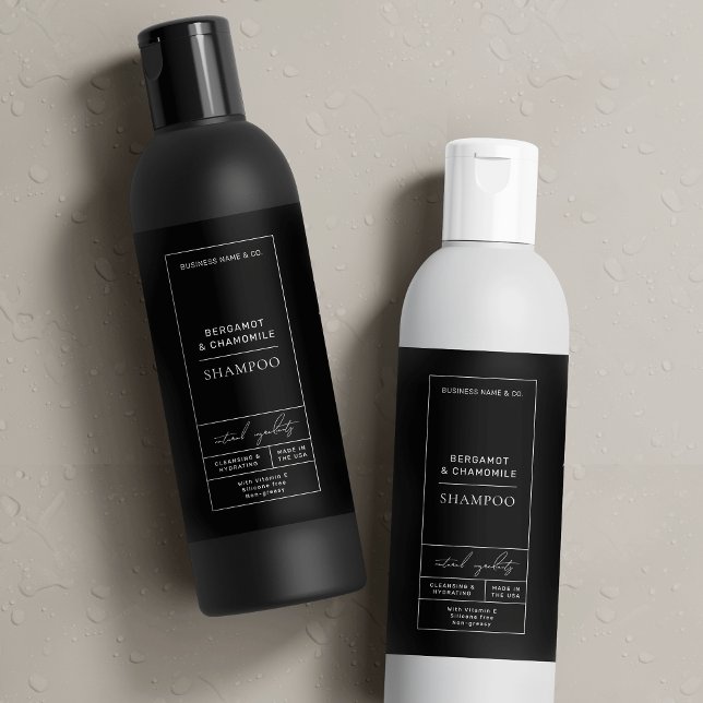Shampooing noir Étiquette de cosmétiques modernes  (Minimalist black waterproof cosmetic bottle wrapper label for 8 OZ bottles *verify size)