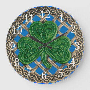 Shamrock Bleu Et Noeuds Celtiques Horloge Ronde