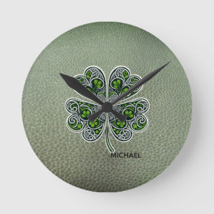Shamrock Colover St.Patrick`s Day Grüne Ledertasch Runde Wanduhr