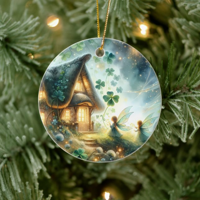 Shamrock Fairy Cottage Glow Keramik Ornament (Baum)
