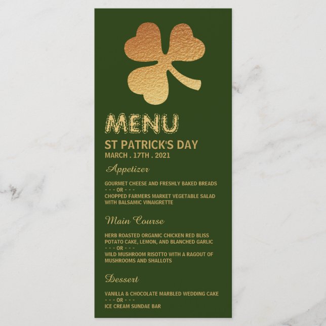 Shamrock Gold Foil, carte de menu St Patrick's Day (Devant)