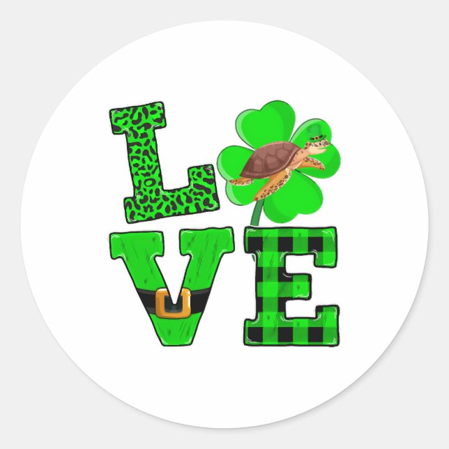 Shamrock Green Plaid Love Sea Turtle St Patrick'S Runder Aufkleber (Vorderseite)