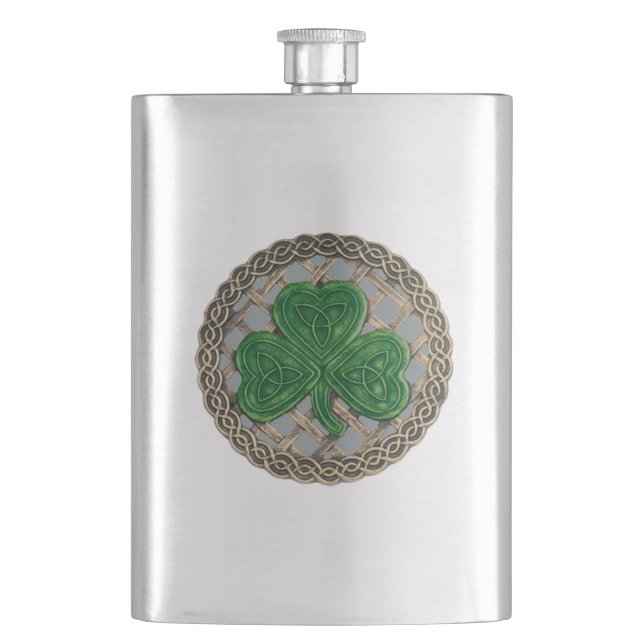 Shamrock Gris sur flacon à noeuds celtiques (devant)