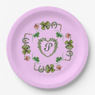 SHAMROCK-HERZ,BLUMEN,GRÜNES BLUMENMONOGRAMM Rosa Pappteller