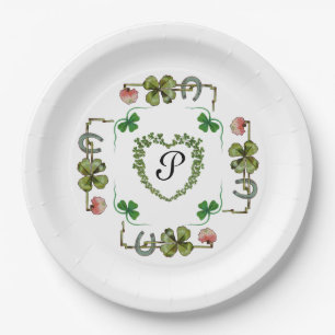 SHAMROCK HERZ,BLUMEN,GRÜNES BLUMENMONOGRAMM Weiß Pappteller