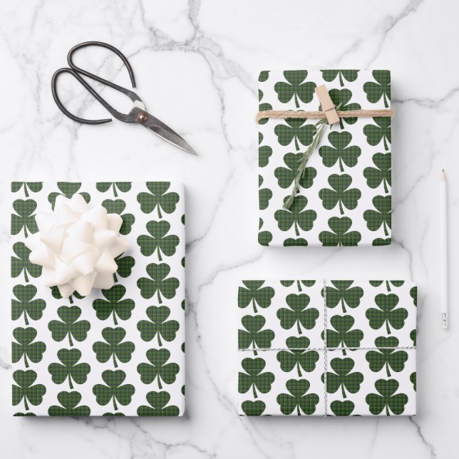 Shamrock Shape Plaid Dark Green Geschenkpapier Set (Vorderseite)