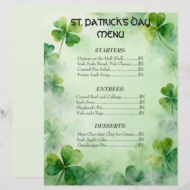 Shamrock Traum St. Patrick's Day Menü (Vorne/Hinten)
