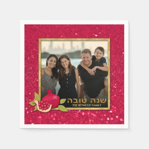 Shana Tova Gold Roter Glitzer Foto Pomegranat Serviette