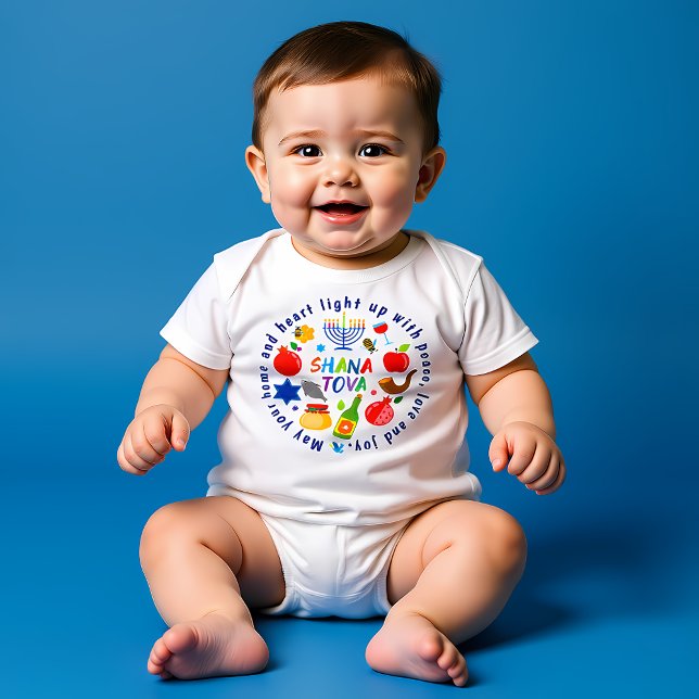 🍯 🍎 🐟 Shana Tova! Happy-Neujahrstext Baby Strampler (Shana Tova! Happy New Year custom text Baby Bodysuit)