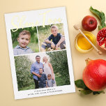 Shana Tova Rosh Hashanah Holiday Foto Goldene Fore Folien Feiertagskarte<br><div class="desc">Diese Rosh Hashanah Ferienfotokarte ist mit einem klassischen weißen Hintergrund und dem Gruß "Shana Tova" in Goldfolie versehen. Dieses Design beherbergt drei Foto, ein horizontales und zwei quadratisches Foto. Auf der Rückseite finden Sie den gleichen weißen Hintergrund, zu dem Sie dieses Design durch das Hinzufügen eines weiteren Fotos und/oder Textes...</div>