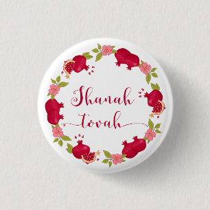 Shanah Tovah Neujahr Granatapfel Blume Wreath Button