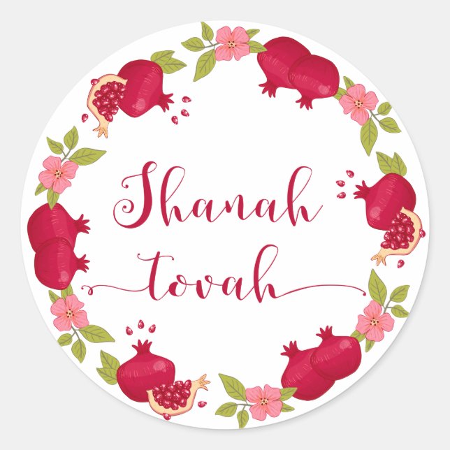 Shanah Tovah Neujahr Granatapfel Blume Wreath Runder Aufkleber (Vorderseite)