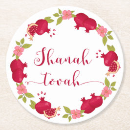 Shanah Tovah Neujahr Granatapfel Blume Wreath Runder Pappuntersetzer