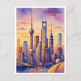 Shanghai China Aquarell Hochzeitseinladung Vorankü Postkarte