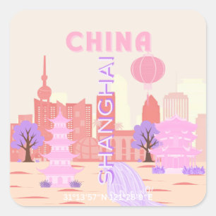 Shanghai China Pastell Reise Kunst Quadratischer Aufkleber