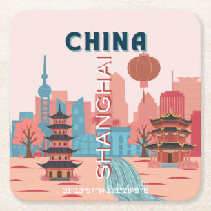Shanghai China Reise Retro Vintage Poster Rechteckiger Pappuntersetzer