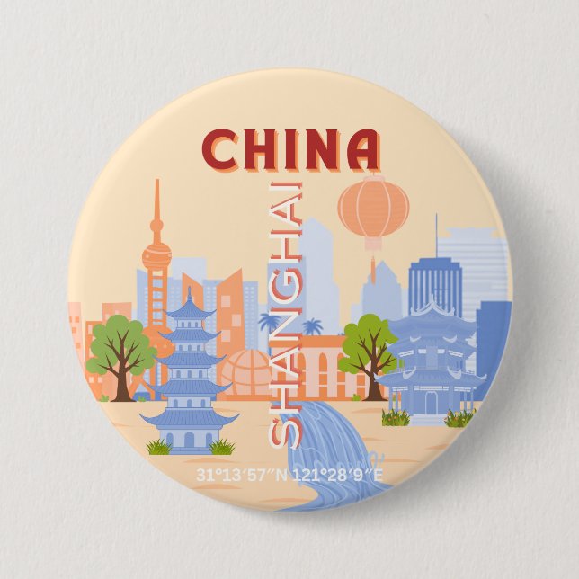 Shanghai China Retro Pastell Reise Kunst Button (Vorderseite)