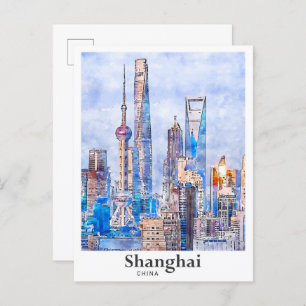Shanghai China Travel Watercolor Sketch Handgezeic Postkarte