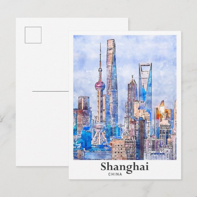 Shanghai China Travel Watercolor Sketch Handgezeic Postkarte (Vorne/Hinten)