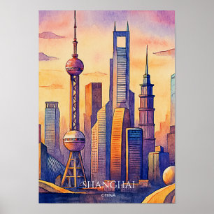 Shanghai Skyline China Reise Aquarell Poster