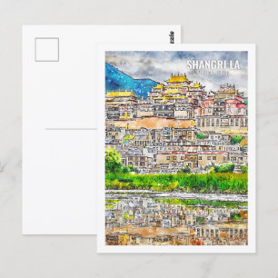 Shangri La Yunnan China Berühmte Reise Wasserfarbe Postkarte