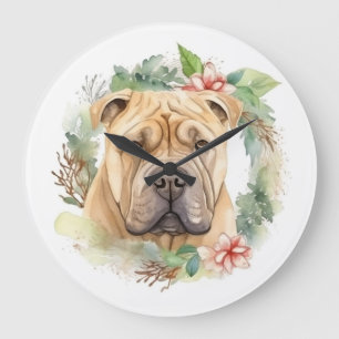 Shar Pei Christmas Wreath Festivals Große Wanduhr
