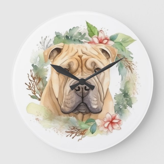 Shar Pei Christmas Wreath Festivals Große Wanduhr (Vorderseite)