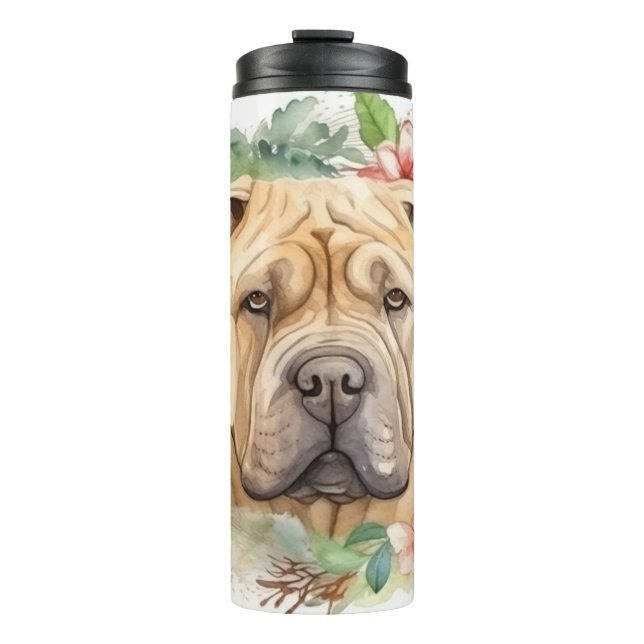 Shar Pei Christmas Wreath Festivals Thermosbecher (Vorderseite)