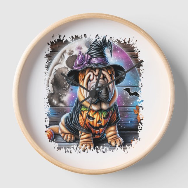 Shar Pei Dog Halloween Square Uhr (Vorderseite)