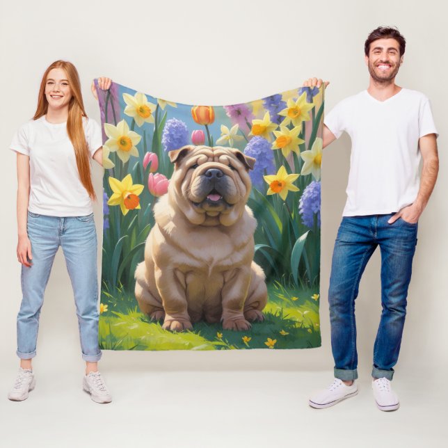 Shar Pei Dog Spring Flowers Malerei Fleecedecke (Beispiel)