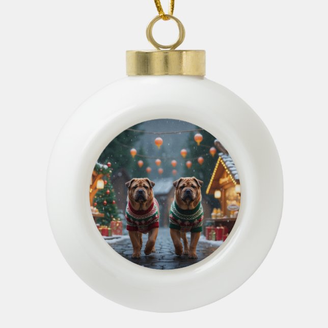 Shar Pei  Dogs Christmas Snow Holiday Keramik Kugel-Ornament (Vorderseite)