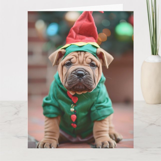 Shar Pei Elf Welppy Christmas Card Karte (Vorderseite)
