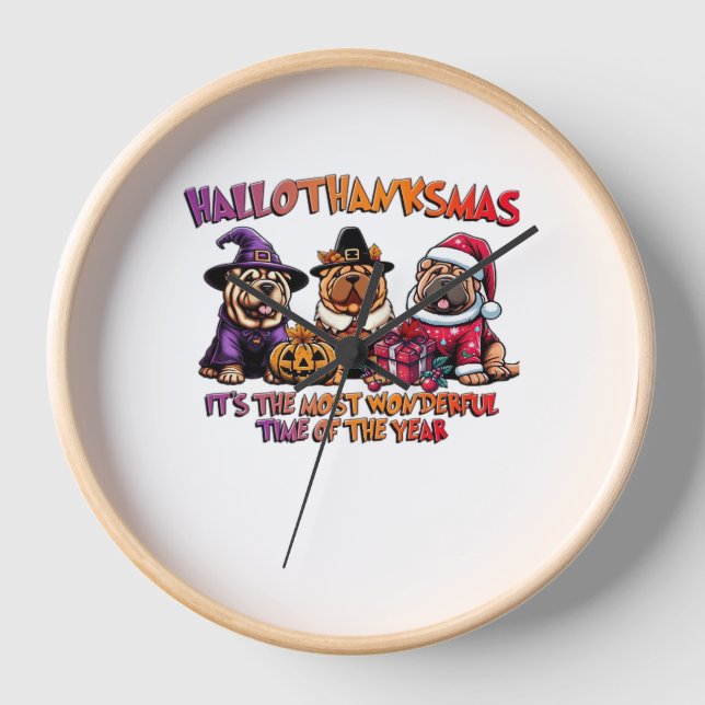 Shar Pei Halloween Erntedank Weihnachtsklassiker Uhr (Vorderseite)