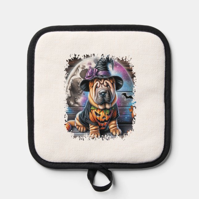 Shar Pei Hund Halloween Quadrat Topflappen (Vorderseite)