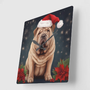 Shar Pei Hund im Schnee Weihnachten  Quadratische Wanduhr