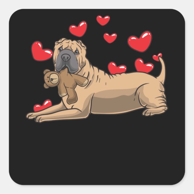 Shar Pei Hund mit ausgestopften Tieren und Herz Quadratischer Aufkleber (Vorderseite)
